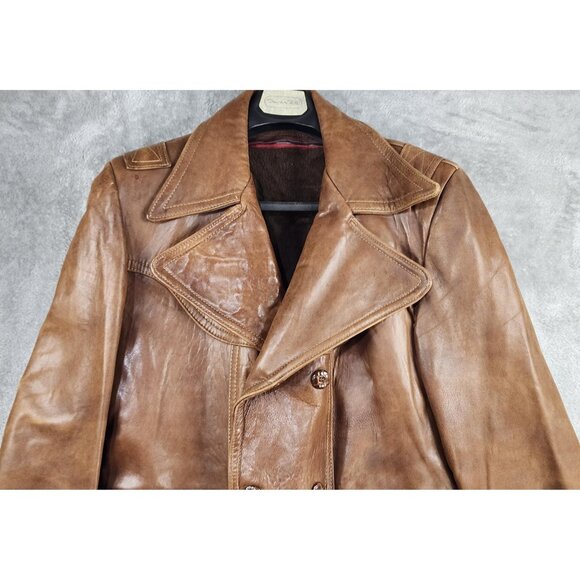 Vintage Leather Jacket Mens 42 Long Glazed Nappa Double Breasted Car Coat 70s - Picture 6 of 15